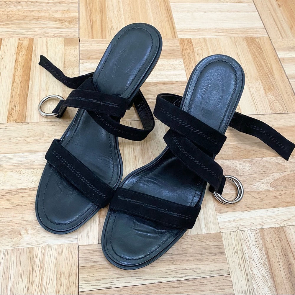 TOD’S Black Suede Leather Ankle Wrap Buckle Strap Heel Open Toe Sandals Size 39
